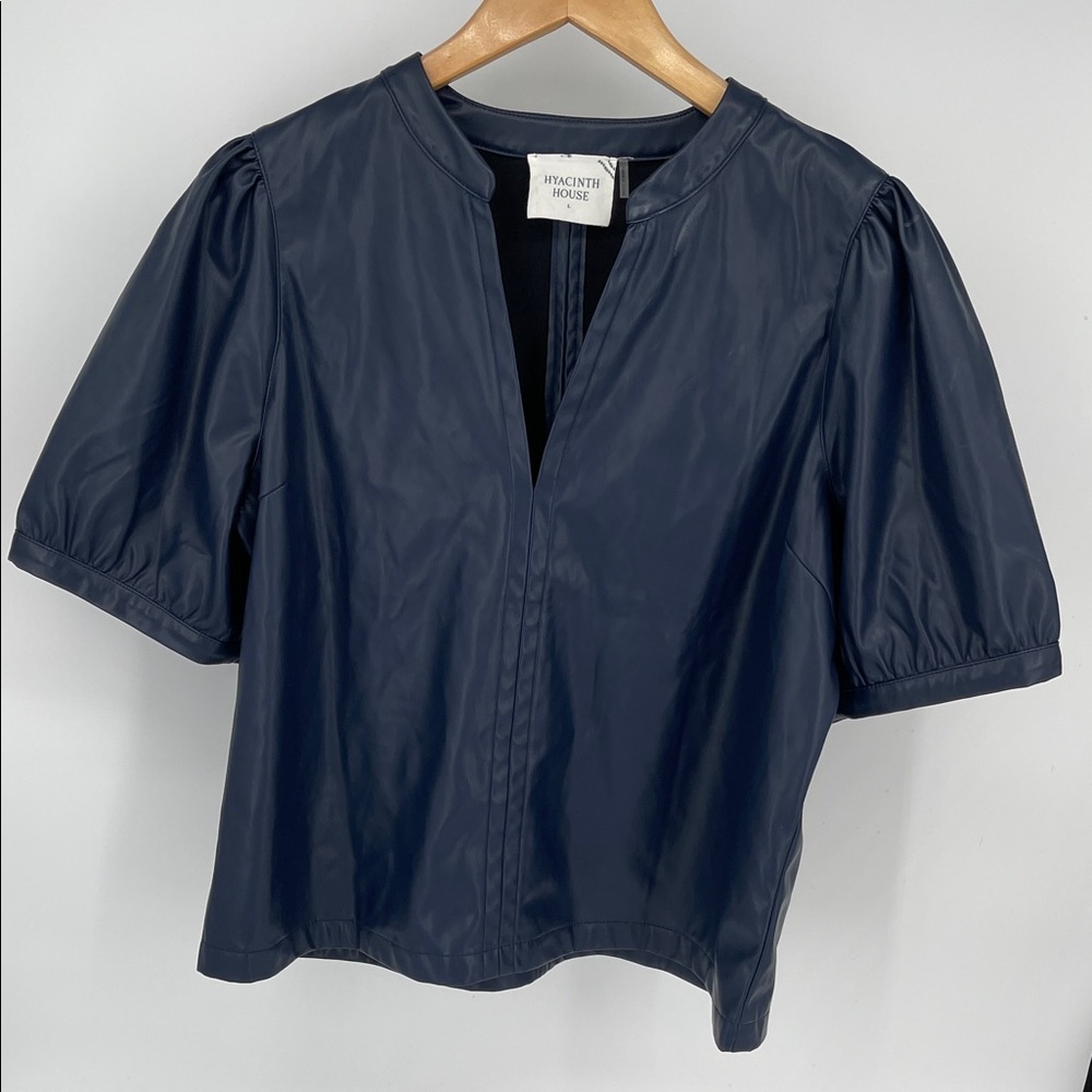 Hyacinth House Women’s Puff Sleeve Blue Blouse Faux Leather Size Large